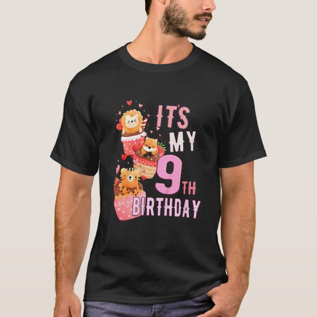 Kids Animal Cupcake Its My 9th Birthday  Girl 9 Ye T-Shirt (Front)