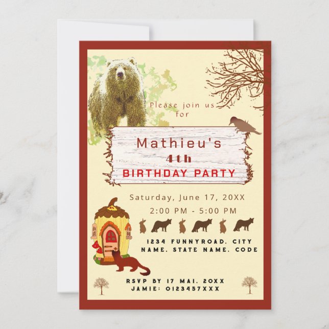 Kids animals and trees birthday party invitation (Front)
