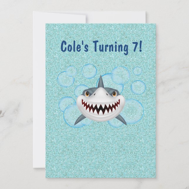 Kids Aqua Glitter Shark Party Invitations (Front)