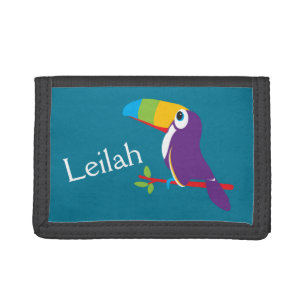 Kids aqua graphic colourful toucan bird name walle tri-fold wallet