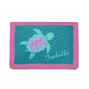 Kids aqua teal pink sea turtle add your name tri-fold wallet