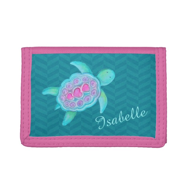 Kids aqua teal pink sea turtle add your name tri-fold wallet (Front)