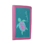 Kids aqua teal pink sea turtle add your name tri-fold wallet (Side)