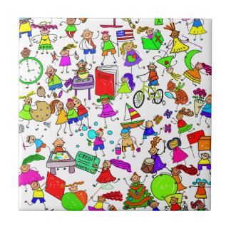 Kids Are Great Cute Cartoon Stick Figure Montage Tile