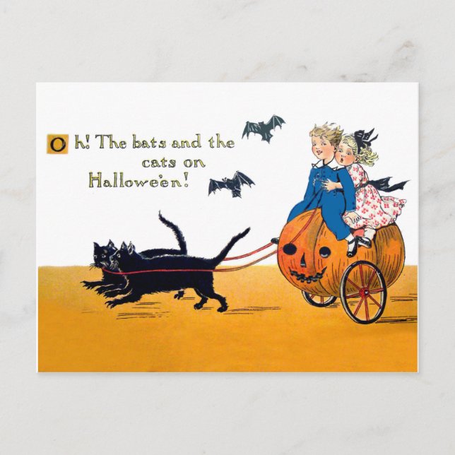 Kids are riding a big pumpkin on Halloween Postcard (Front)