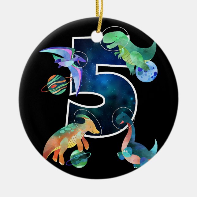 Kids Astronaut Outer Space Dinosaurs 5th Birthday  Ceramic Ornament (Front)
