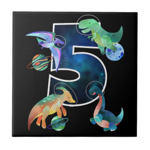 Kids Astronaut Outer Space Dinosaurs 5th Birthday  Ceramic Tile