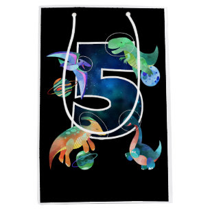 Kids Astronaut Outer Space Dinosaurs 5th Birthday  Medium Gift Bag
