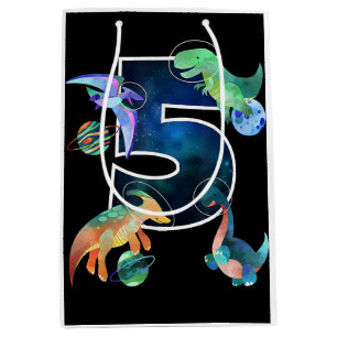 Kids Astronaut Outer Space Dinosaurs 5th Birthday  Medium Gift Bag