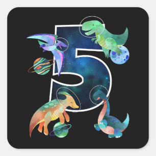 Kids Astronaut Outer Space Dinosaurs 5th Birthday Square Sticker