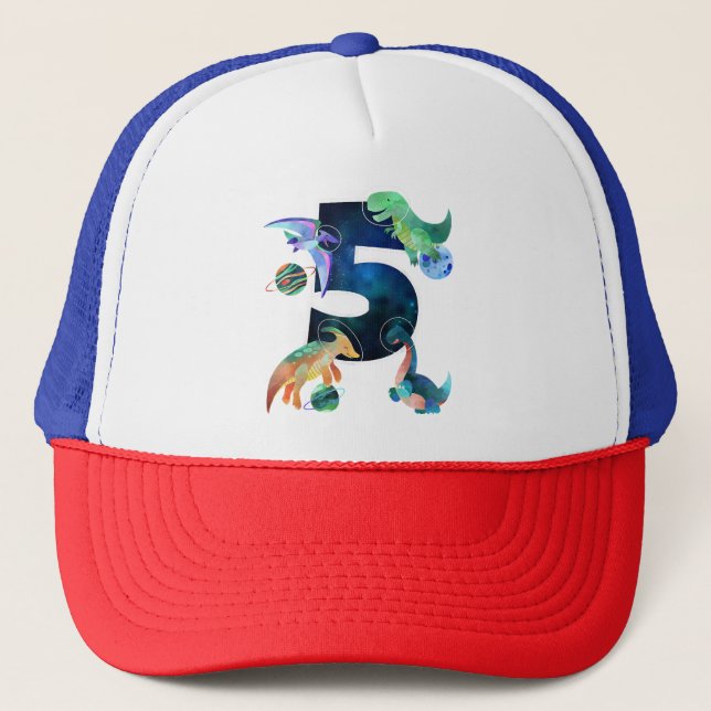 Kids Astronaut Outer Space Dinosaurs 5th Birthday  Trucker Hat (Front)