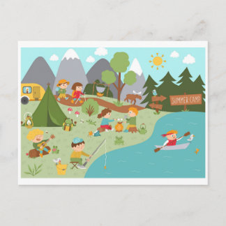 Kids at Summer Camp Cartoon Postcard