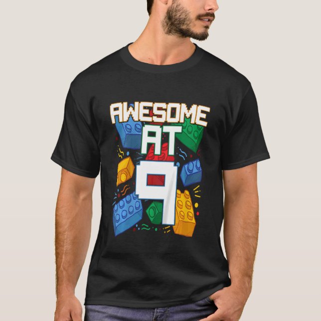 Kids Awesome at 9 Years Old 9th Birthday Building  T-Shirt (Front)