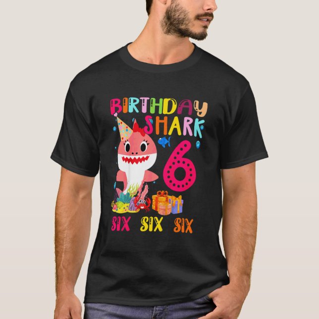 Kids Baby Cute Pink Shark 6th Birthday 6 Years Old T-Shirt (Front)