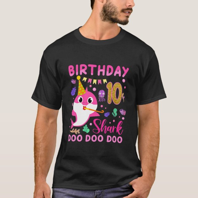 Kids Baby Cute Shark 10Th Birthday Boy Girl 10 Yea T-Shirt (Front)