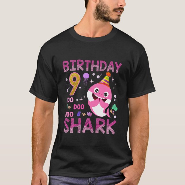 Kids Baby Cute Shark 9Th Birthday Boy Girl 9 Year T-Shirt (Front)