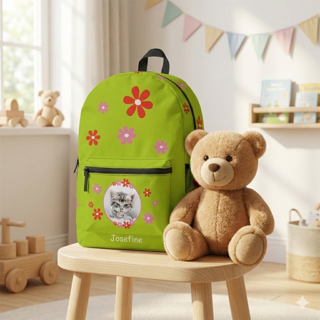 Kids backpack green with photo - flowers - pink re (Grüner Kinderrucksack mit roten und rosa Blumen, personalisierbar mit Name und Foto)