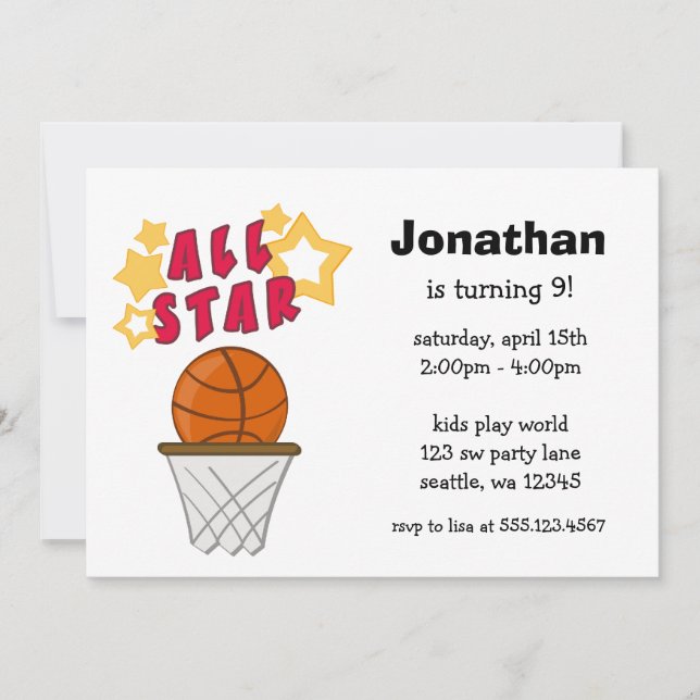 Kids Basketball All Star Birthday Party Invitation (Front)