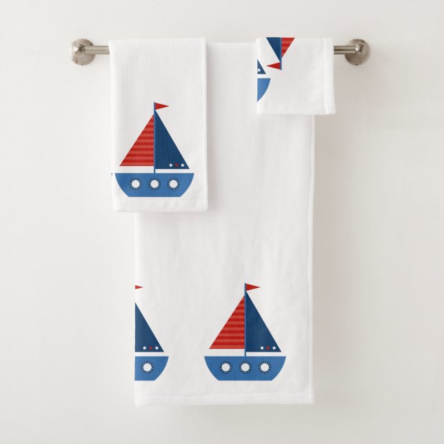 Kids Bathroom Towel set - Red / Blue Sailing Boats (Insitu)