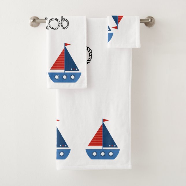 Kids Bathroom Towel set - Red / Blue Sailing Boats (Insitu)