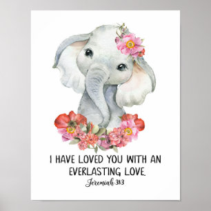 Kids Bible Verse Wall Art, Watercolor Elephant Pos Poster