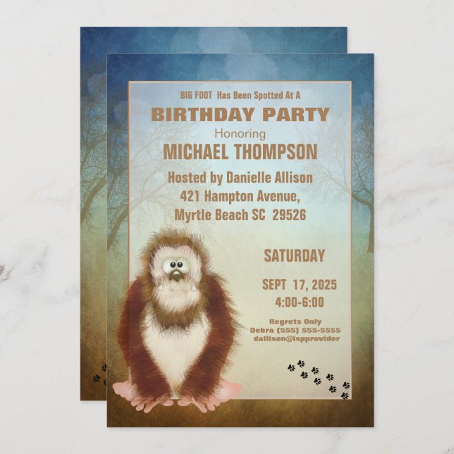 Kids Big Foot/ Sasquatch Birthday Party Invitation (Front/Back)
