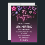 Kids birthday 10th birthday Glitter Sparkly Invitation<br><div class="desc">Say "It's Party Time!" with this stunning Glitter Sparkly Neon Birthday invitation for kids. Featuring bold neon-style typography, glowing pink and purple icons (stars, hearts, crowns, diamonds), and a dramatic dark background, this invite is perfect for girls' or boys' 10th birthday parties. Fully customisable with name, date, time, and venue....</div>