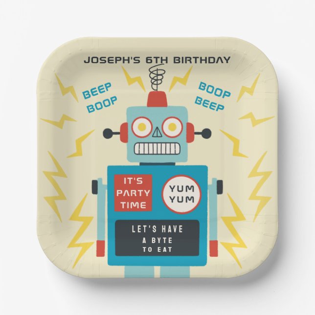 Kids Birthday Antique Robot Paper Plate (Front)