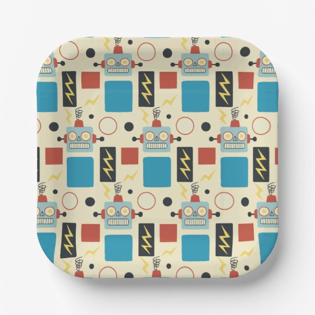 Kids Birthday Antique Robot Pattern Paper Plate (Front)
