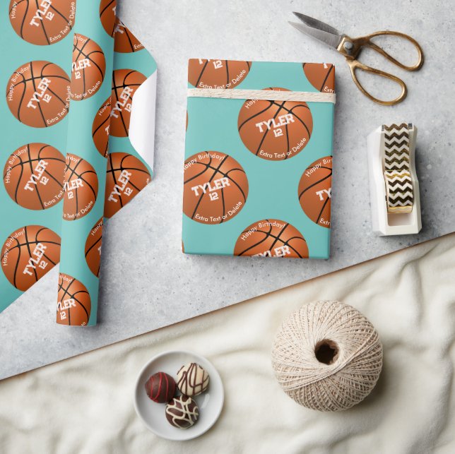 Kid's Birthday, Basketball, Name Age, Light Teal Wrapping Paper (Crafts)