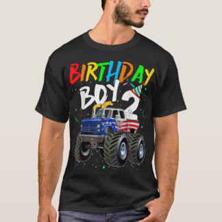 Kids Birthday Boy 2 Year Old Monster Truck Flag 2n T-Shirt