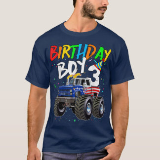 Kids Birthday Boy 3 Year Old Monster Truck Flag 3r T-Shirt