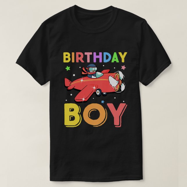Kids Birthday Boy Pilot Penguin Aeroplane Birthday T-Shirt (Design Front)