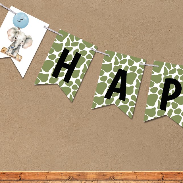 Kids Birthday Bunting Flags (Safari Jungle Watercolor Elephant Young Wild Three Happy Birthday Banner)