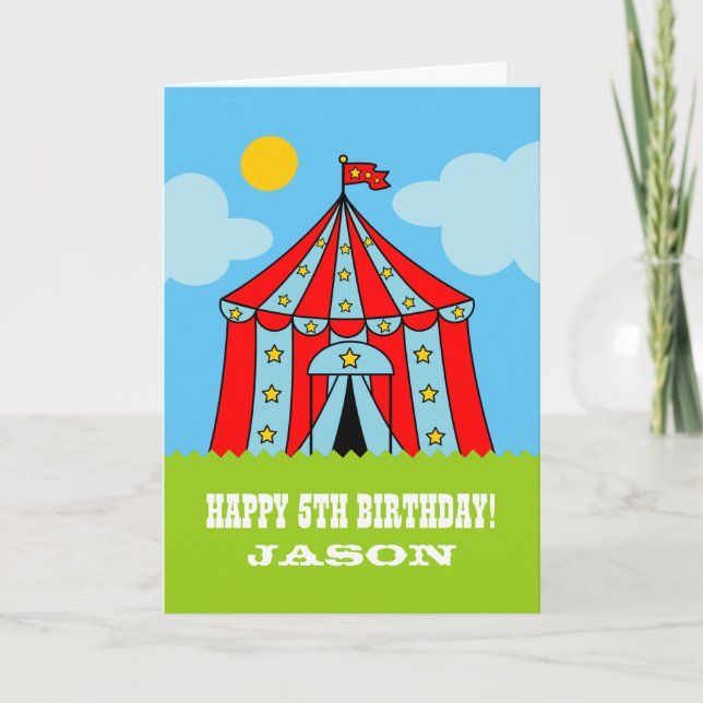 Kids Birthday card with cute carnaval circus tent (Front)