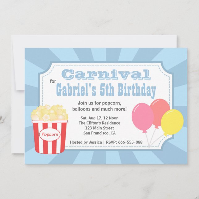 Kids Birthday - Carnival with Popcorn & Balloons Invitation (Front)