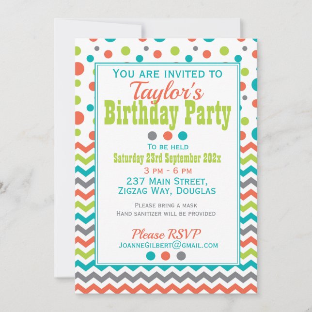 Kids Birthday Colourful Polka Dot ZigZag Invitation (Front)
