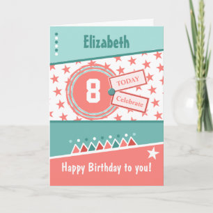 Kids Birthday coral green and white any age name Card