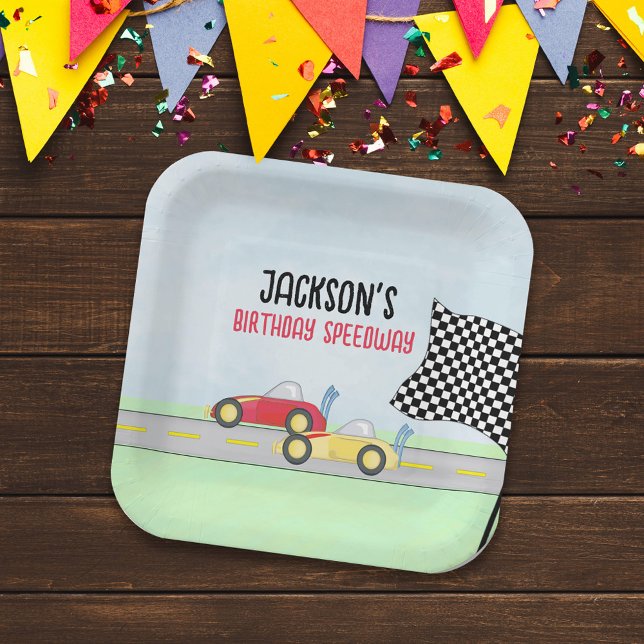 Kids Birthday Cute Boy Cartoon Race Cars Custom Paper Plate (Creator Uploaded)