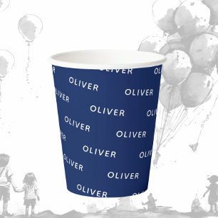 Kid's Birthday Dark Blue Name Paper Cups