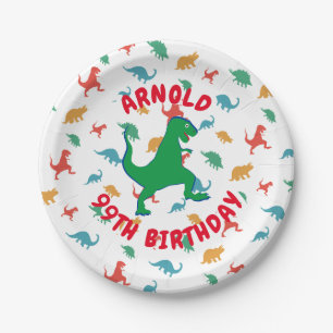 kids Birthday Dinosaur T Rex Colourful Custom Name Paper Plate