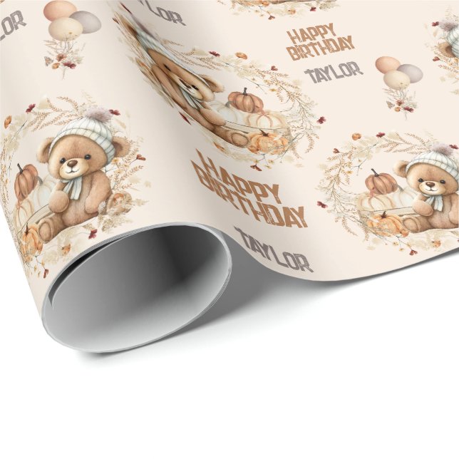 Kids Birthday Fall Autumn Bear 2nd Birthday  Wrapping Paper (Roll Corner)