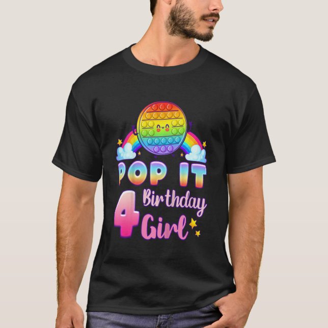 Kids Birthday Girl 4 Year Old Round Pop It Rainbow T-Shirt (Front)