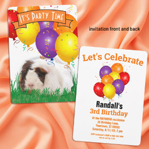 Kid's Birthday Guinea Pig Balloons Orange Banner Invitation