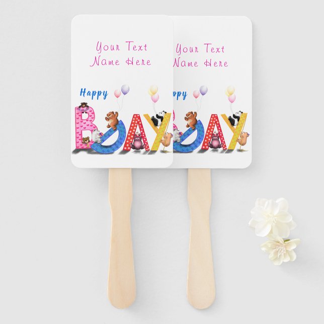Kids Birthday Hand Fan Happy Bear Party (Front and Back)