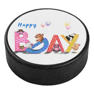 Kids Birthday Hockey Puck Happy Bear Party