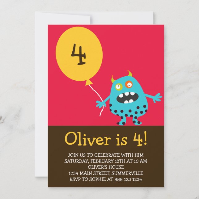 Kids Birthday Invitation - Blue Kooky Monster (Front)