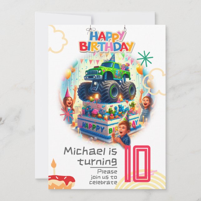 Kids birthday invitation: Monster truck, QR Invitation (Front)