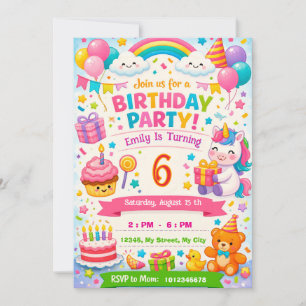 Kids Birthday Invitation Unicorn, Balloons