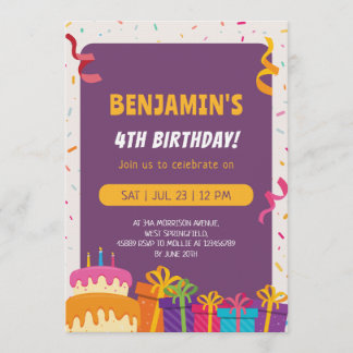 Kids Birthday Party Cake And Gifts Design Birthday Invitation